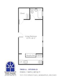 A floor plan of a studio apartment with a living/bedroom area, closet, and bathroom.