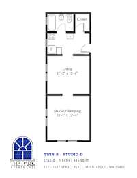 A floor plan for a studio apartment with a living area, a bathroom, and a sleeping area.