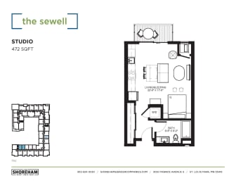 Sewell Floor Plan at The Shoreham Apartments, St Louis Park