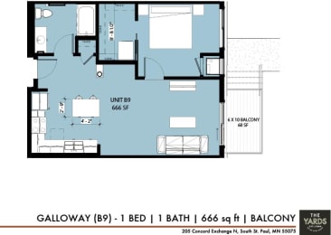 1 bed 1 bath floor plan E at The Yards, Minnesota