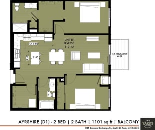 2 bed 2 bath floor plan at The Yards, South St. Paul, Minnesota