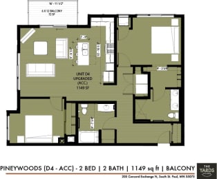 a floor plan of a bedroom apartment at The Yards and Backyards, Minnesota