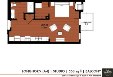 Studio 1 bath floor plan C at The Yards, South St. Paul, MN, 55075