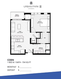 1 bedroom floor plan drawing, coen at Urban Park I and II Apartments, St Louis Park, MN