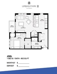 1 bedroom floor plan drawing, joel at Urban Park I and II Apartments, St Louis Park, Minnesota