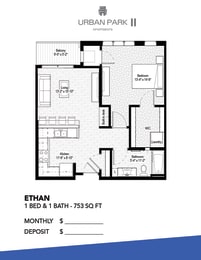 1 bedroom floor plan drawing, ethan at Urban Park I and II Apartments, St Louis Park, 55426
