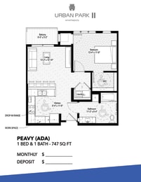 1 bedroom floor plan drawing, ada, peavy at Urban Park I and II Apartments, St Louis Park