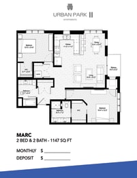 2 bedroom 2 bath floor plan drawing, Marc at Urban Park I and II Apartments, Minnesota