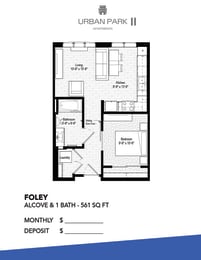 studio floor plan drawing, foley at Urban Park I and II Apartments, Minnesota, 55426