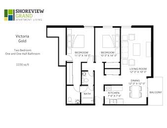 A floor plan for a Shoreview Grand Apartment Living Victoria Gold showing two bedrooms, a living room, a dining area, a kitchen, a bathroom, and a balcony.
