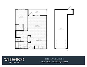A floor plan for a Wildwood Lakeville property shows a 1-bedroom, 1-bath home with a 1-car garage.