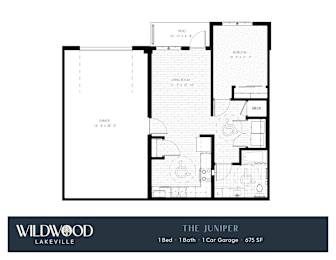 A floor plan for a home with a garage, two bedrooms, a bathroom, and a kitchen.