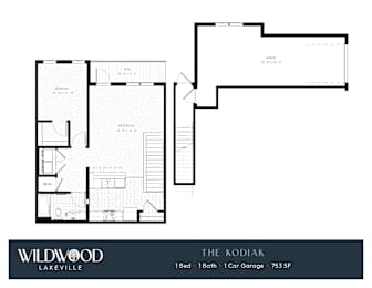 A floor plan for a property named "The Kodiaq" by Wildwood Lakeville, featuring a 1 Bed, 1 Bath, and 1 Car Garage with a total area of 753 SqFt.