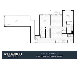 A floor plan for a Wildwood Lakeville property shows a 2 bedroom, 2 bathroom home with a 1,070 square foot garage.