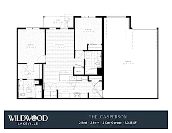 A floor plan for a property at Wildwood Lakeville shows two bedrooms, two bathrooms, and a two car garage.