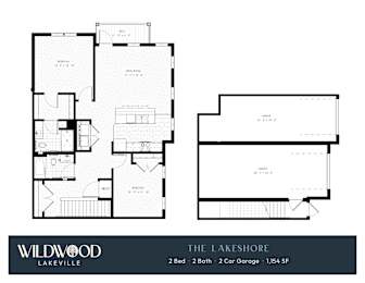 A floor plan for a Wildwood Lakeville property shows two bedrooms, two bathrooms, and a garage.