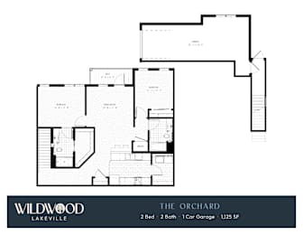 A floor plan for a Wildwood Lakeville property shows a 2 bedroom, 2 bathroom, and 1 car garage house.
