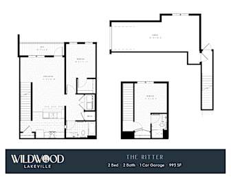 A floor plan for a 2 Bedroom, 2 Bathroom apartment with a garage is shown.