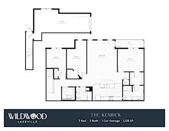 A floor plan for a property called The Kenrick shows 3 bedrooms, 2 bathrooms, a car garage and a total area of 1,125 square feet.