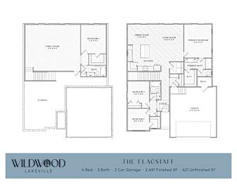 A floor plan for a home with a family room, two bedrooms, a garage, and a finished basement.