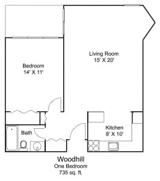 1 bedroom 1  bath  Floor plan at Hillsborough Apartments, Roseville