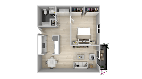 A top-down view of a small, neatly organized apartment with a kitchen, living room, and bathroom.