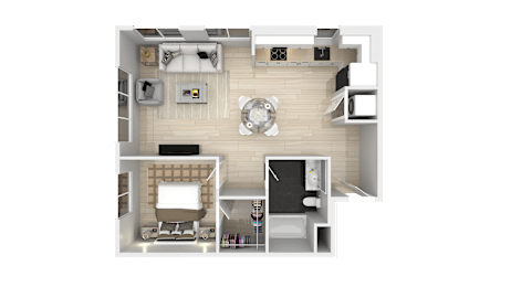 A top-down view of a small apartment with a kitchen, living room, and bathroom.