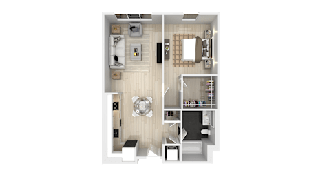 A top-down view of a small apartment with a kitchen, living room, and bathroom.