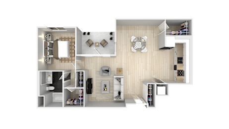 A top-down view of a modern apartment layout with a living room, kitchen, and bedrooms.
