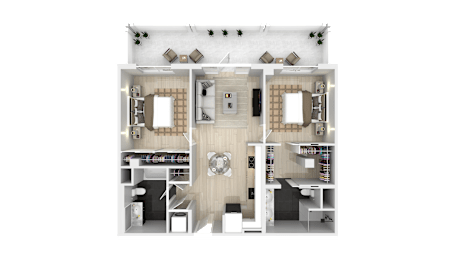 A 3D floor plan of a house with a kitchen, living room, and two bedrooms.