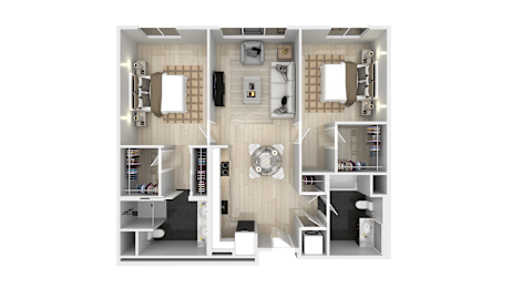 A top-down view of a small apartment layout with a kitchen, living room, and bedrooms.