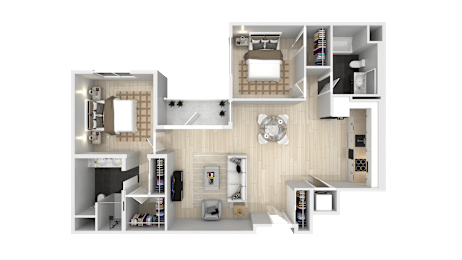 A 3D rendered image of a modern apartment layout.