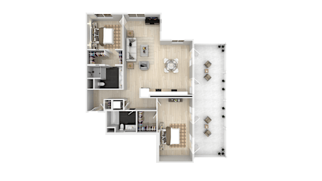 A floor plan of a house with a living room, two kitchens, a dining room, and multiple bedrooms.