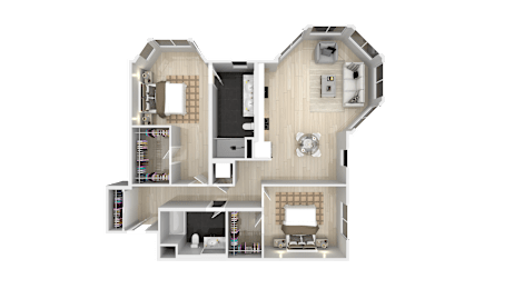 A 3D rendered image of a house layout with multiple rooms.