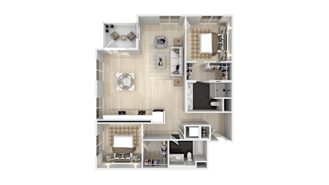 A 3D floor plan of a house with a kitchen, living room, dining room, and two bedrooms.