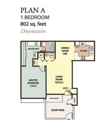 plan a 1 bedroom 800 sq ft floor plan  at The Resort at Encinitas Luxury Apartment Homes, Encinitas, California