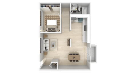 a rendering of a 3d floor plan of a apartment at Trailhead Apartments at Tam Junction, Mill Valley