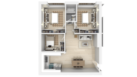 a rendering of a 3d floor plan of a house at Trailhead Apartments at Tam Junction, Mill Valley California