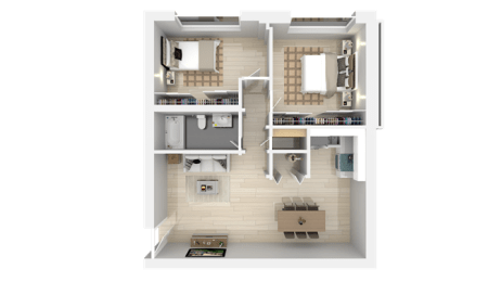 a rendering of a 3d floor plan of a house at Trailhead Apartments at Tam Junction, California, 94941
