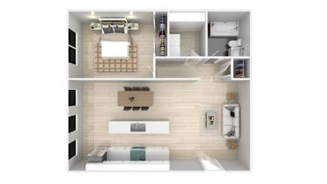 a 3d rendering of a bedroom with a bathroom and a living room