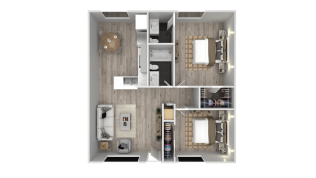 a 3d floor plan of a bedroom with a bathroom and a living room at Ocean Villas, Oxnard, CA