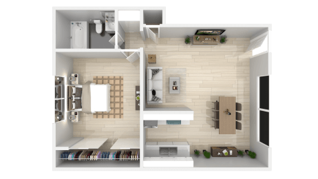 a rendering of a 3d floor plan of a houseat The Arches Apartments, LLC, California, 92021