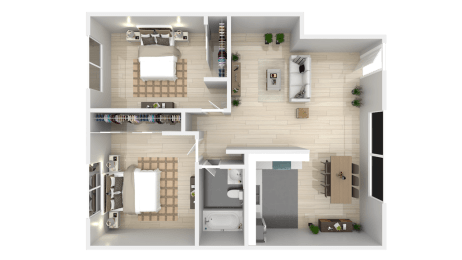 a rendering of a 1 bedroom floor plan with a bathroom and a living roomat The Arches Apartments, LLC, El Cajon, CA 92021