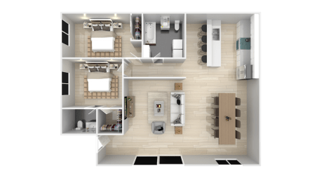 a 3d rendering of a bedroom and bathroom floor plan at BLVD Apartments LLC, Tarzana California