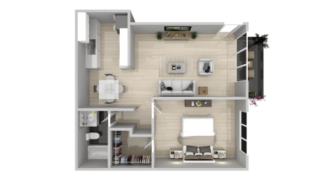 a rendering of a 3d floor plan of a house at Latitude Apartments at Mission Valley, California