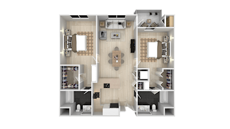 A detailed 3D floor plan of a modern apartment layout.