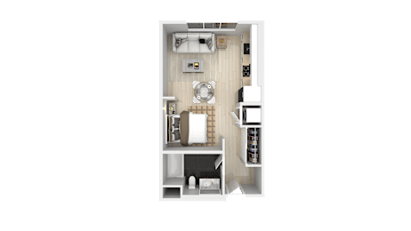 A top-down view of a small, neatly organized apartment.