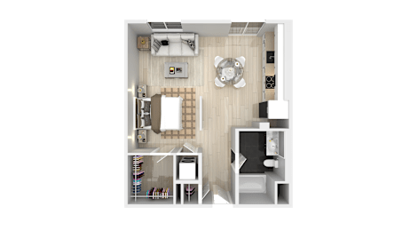 A top-down view of a small apartment with a kitchen, living room, and bedroom.