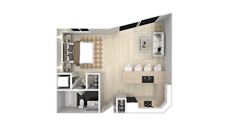 A 3D rendered image of a modern apartment layout.