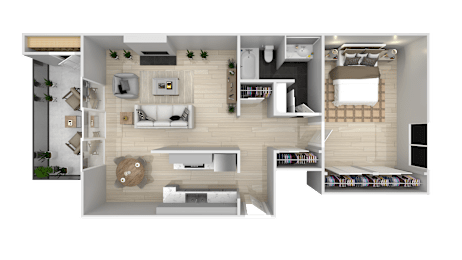 A top-down view of a modern apartment layout with a living room, kitchen, and bedrooms.